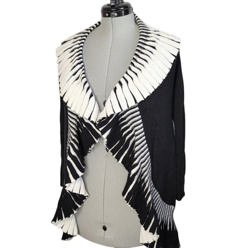 Chico's black & white ruffle, open-front cardigan, size S/4